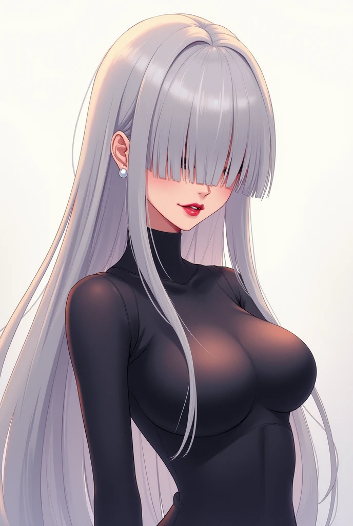 (((Long grey hair))),grey hair,kawai,(((Eyes visible from bangs,hair over eyes:1.3))),,Huge breasts,(purple color eyes),,(purple slanted eyes),1girl in,bangs,long grey hair, pantyhose,Cowboy Shot,white background,Straight hair hair,(On both sides of the head has sharp black devil horns) ((Standing body pose facing to the right side)) wearing a black shirt (using black gloves) ((The body pose is bent at the hips and curved downwards)) Ter's hair flows straight down, has two sharp black horns (slant purple eyes) Must wear a black shirt! (The black shirt sleeves are all black fabric. The shirt sleeves are folded up to the elbows.)Wearing black gloves) wearing open mouth as if in panic) wearing shiny, tight black pants (Tight black pants shine like rubber) (((Pose of hands falling down)))(all black fabric) (slim body, hips slightly bent) image according to tag ((Body pose facing to the right side, Bending body pose)) Body pose facing to the right side, eyes looking to the right side