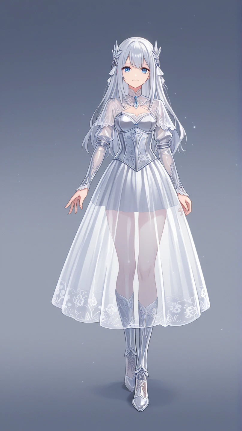 Anime girl with long wavy silver hair and tosca ombre hair. Have polar bear ears. a sleeveless white dress sexy top complex design simple dress with beautiful design tiny flowers and a little flowers on hair beautiful design. Shoulder off with sleeve transparant jacket cute long dress design with lace. Cute hair design with lace. Character sheet front and back. Fashion design. Vtuber design.