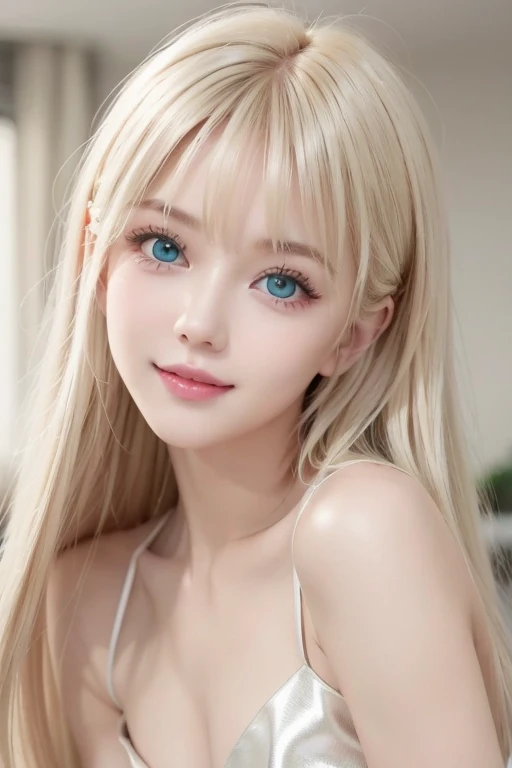 Portrait、、Bright expression、ponytail、Young, lustrous, glowing, white skin、Cheek highlight、The best beauty、Clear, silky blonde hair with dazzling highlights、Shiny bright hair,、Super long silky straight hair、Shiny beautiful bangs、Big bright blue eyes like sparkling jewels、Very beautiful lovely cute 16 year old girl、Ample Bust