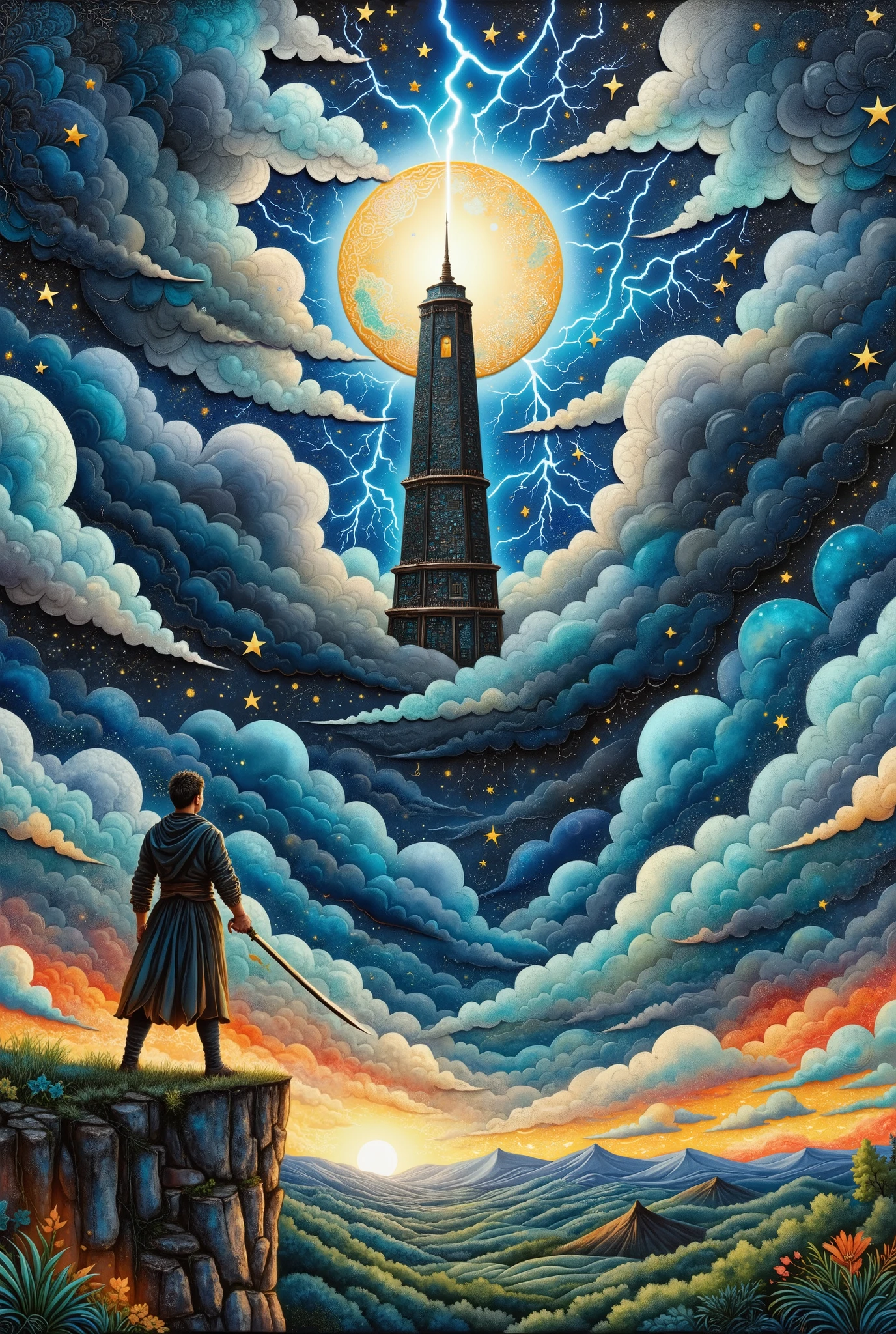 oil painting art , disaster々Shiny black tower , catches lightning and makes its silhouette float, Deep Valley , dark clouds spring up into the sky , lightning falls many times from dark clouds , ( A long round radish stands on a cliff , Back view, Wearing a cape , when you hold a sacred sword in your short hand , Look up at the tower)