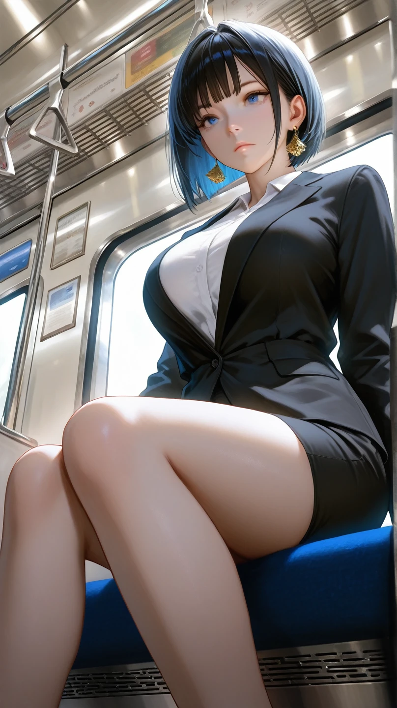 orgasm,Drunk,center parting bob,sweat,stout legs,cleavage,face focus.Detailed eyes,High image quality,Highest Quality,Photorealistic,Feet up,Fullbody,Business bag,Japanese woman,wearing a suit, sitting,train
