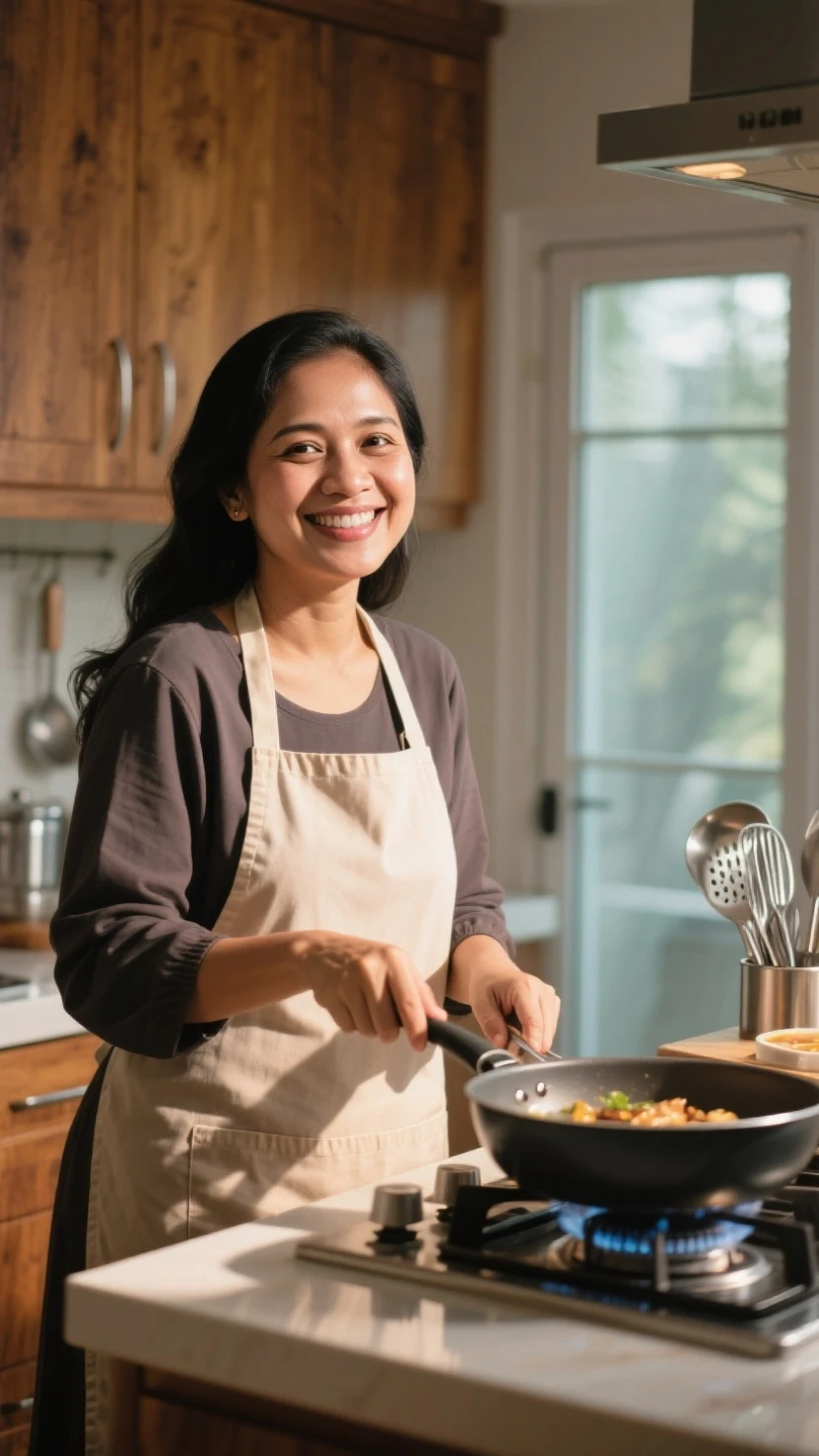 A beatiful indonesian woman, plump, natural huge breasts, only wearing an apron without shirt, is cooking in the kitchen. The kitchen atmosphere is a background detail. look at the viewer, natural light, realistic photography, wide angle shot.