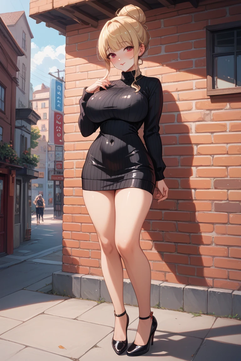 Downtown New York,1 girl,blue eyes, blonde,ponytail, Big Breasts,Black leotard,barefoot,High leg cut, Are standing, Serious face,blush,Sweaty,