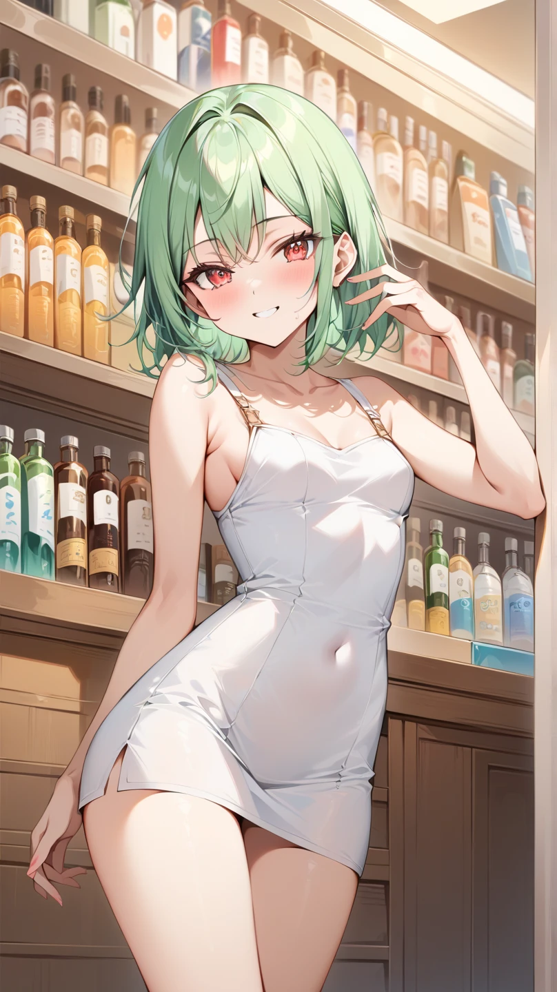 Shoulder-length green hair, Small size breasts, Small breasts、Green Eyes, 、(((Lady))),The whole body from head to toe、Formal attire、、smile、((profile))、、Elegant、greeting、Well-groomed appearance、Talking to a bartender at a bar、beautiful、Cocktail party、、Enjoying a cocktail at the bar counter、sake、Take a seat at the counter、、Thinking deeply、Tying up your hair、Pull your hair up to your ears