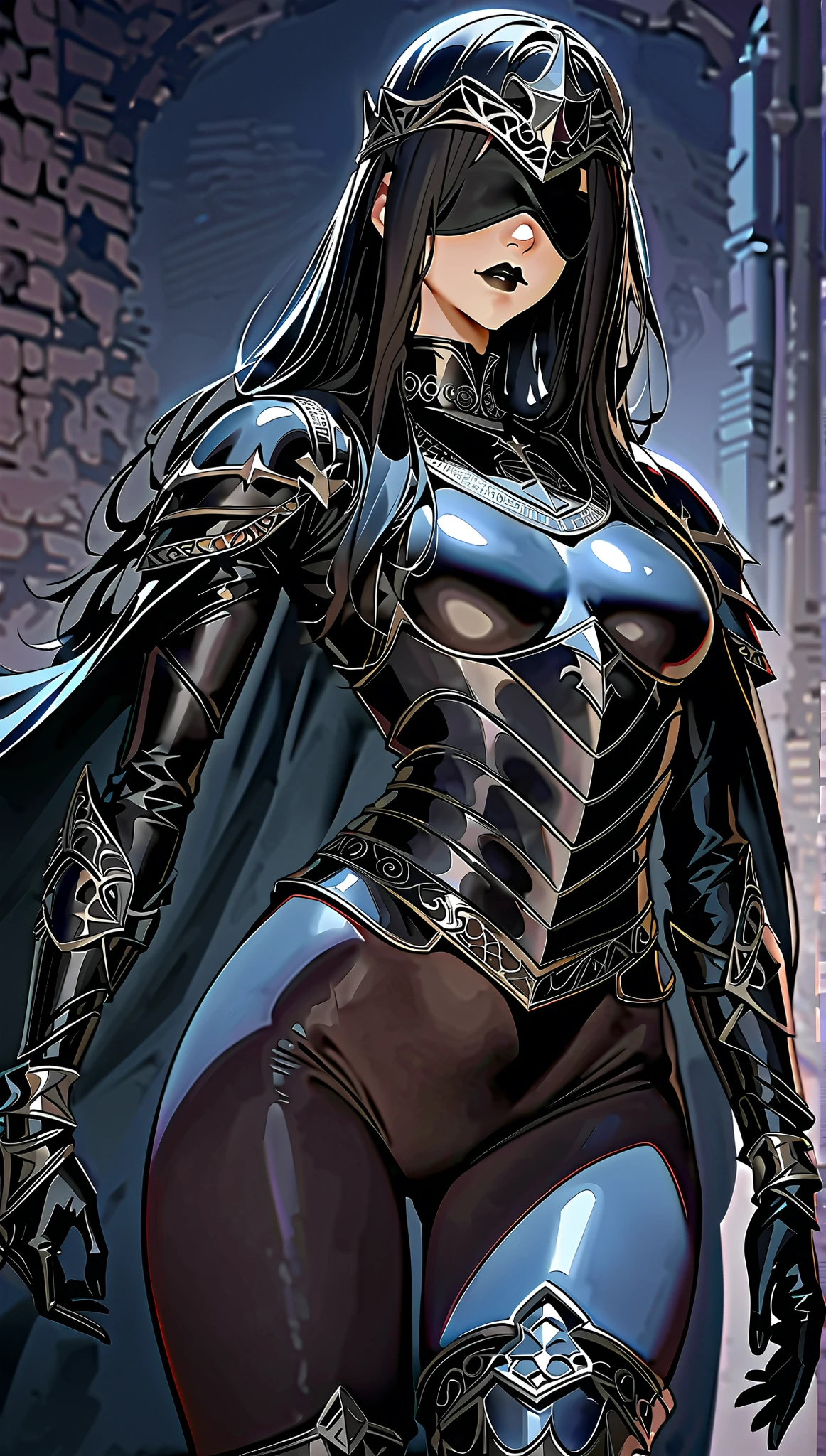 (High quality, 8 k, 4k, high contrast, artwork:1.2, High quality, Best aesthetic ), (centered), ((1 woman)), slim long-legged body , mature woman, Super detailed, beautiful face detailed , detailed beautiful mouth, (long wavy black hair), (both eyes blindfolded ), ( blindfolded ), (black blindfold), (serious facial expression), (black lipstick), (front view), (duration), (black revealing leather medieval fantasy armor), ( long black cloak ), (Medieval Knight), (naked:1.0)