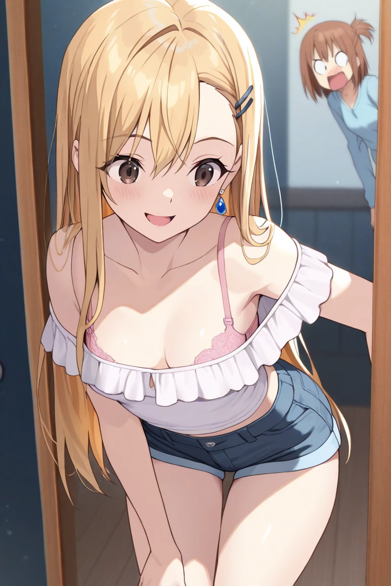 Cute blonde wavy hair, medium bob, long hair and blue eyes.10A young girl is sitting on the toilet seat with no panties on, spreads her legs wide, pees, smiles, spreads her pussy with her hands, shows her breasts, and shows her anus without wearing panties.。Clothes are taken off。Showing your。pussy is wet and spread。the pants are on the legs。Taking off your pants。is visible。SEX,NSFW,syou