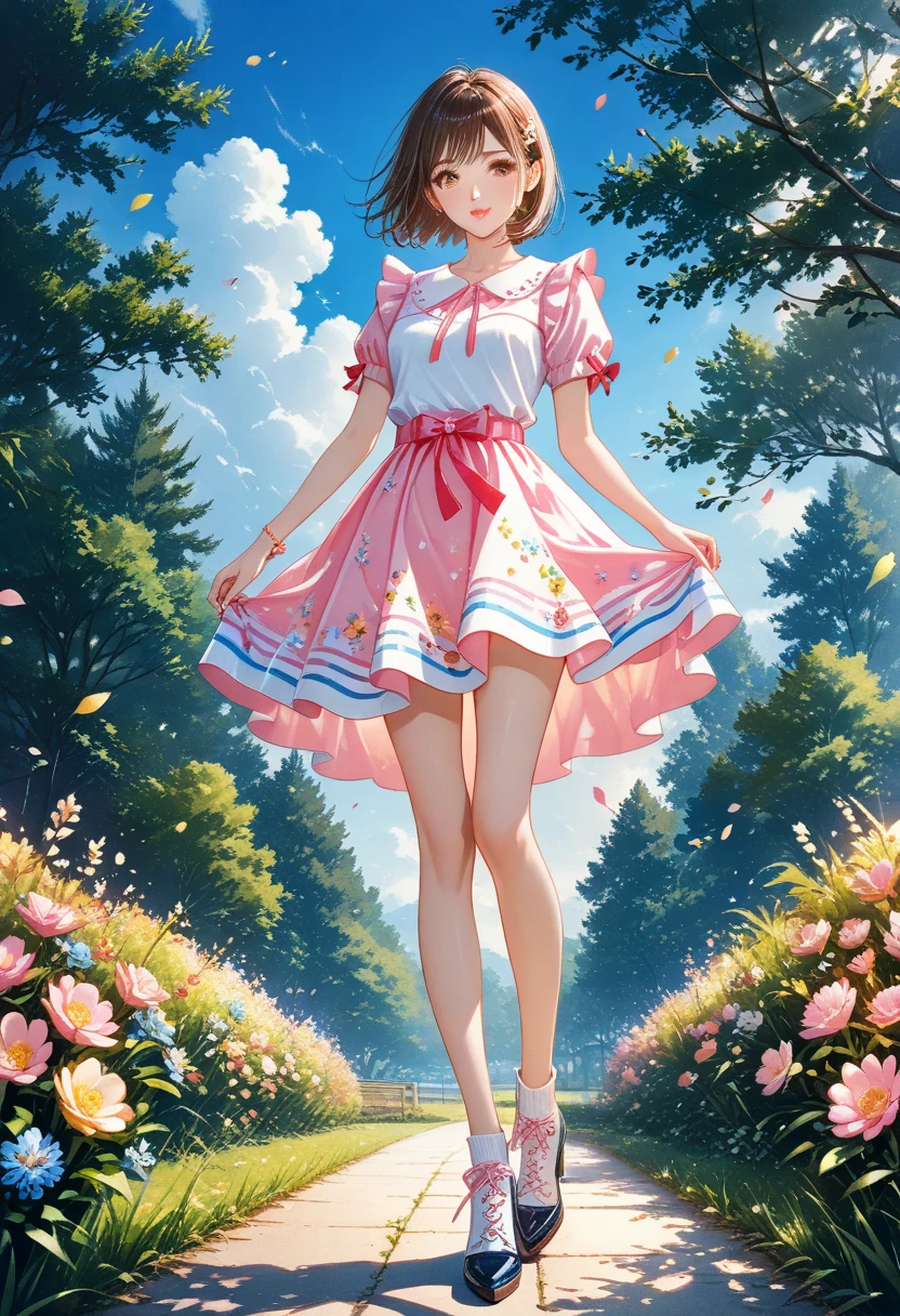 ink painting and watercolor fusion、Beautiful and cheerful girl、pink and white top and skirt style、  Stylish design 、 Realistic Art 、brown eyes in love、Koisuru Pink Lips、short hair，perfect face、 perfect style 、Suburban Forest Park、colorful flowers blooming、bright colors、Blue sky、 White Cloud 、HD image quality、Masterpiece、 8,000、Perfect Body、Perfect Illustration Art，Show your whole body，long legs，
