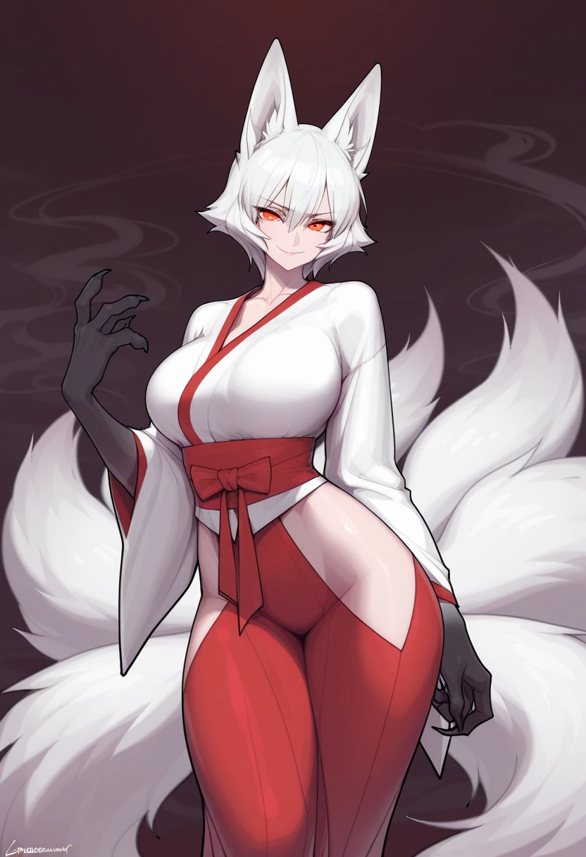 Femboy, long white hair, gigantic muscular body, huge breasts, geisha outfit, fox ears, 9 fox tails, 4 arms, full body.