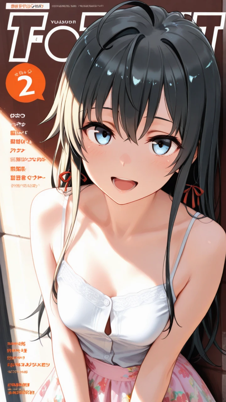 penthouse-cover, (High resolution:1.4), (masutepiece:1.2), (High quality:1.3) 1girl, saten ruiko, green eyes, long hair, black hair, small breast, smile, open mouth