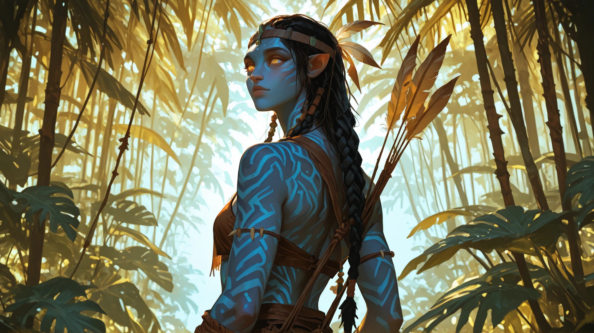 solo, colse-up portrait, a female Na'vi warrior standing confidently in the lush jungle, with deep cyan-blue skin, glowing bioluminescent markings across her face and body, tall and athletic build, long braided dark hair adorned with feathers and beads, large golden eyes filled with determination, tribal tattoos on her arms, wearing natural leather and woven fiber clothing suitable for forest life, carrying a bow on her back, surrounded by glowing jungle plants and floating woodspirits, sunlight filtering through the canopy, semi-realistic digital painting, 2:3 aspect ratio, cinematic lighting, high detail