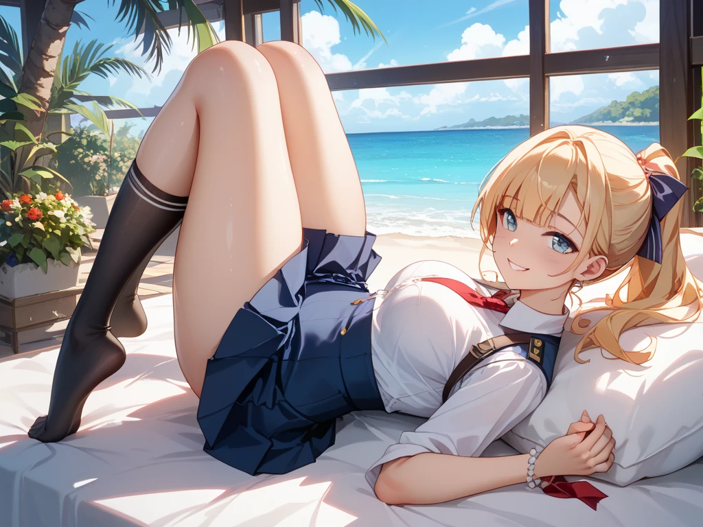 very cute and beautiful girl,(Very detailed美しい顔),Sailor ,(Navy blue pleated mini skirt),
(Skirt Lift,White panties),(smile),blush,View your viewers,Blonde,
Antique hotel bedroom,Luxury furniture,balcony,Ocean View,
(Highest quality,masterpiece:1.2),Absurd,High resolution,Very detailed,Very detailed,32K,8k resolution,
Intricate details,Movie Scenes,Detailed Background,alone,Dynamic Angle,
Natural light,Hair blowing in the wind,Beautifully detailed skies,