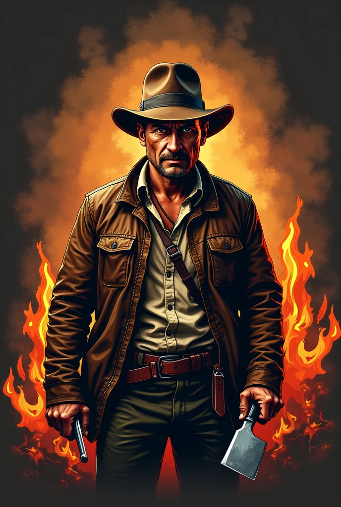 (extremely detailed CG unity 8k wallpaper), full shot body photo of the most beautiful artwork of indiana jones holding a torch, torn jacket, nostalgia professional majestic oil painting by Ed Blinkey, Atey Ghailan, Studio Ghibli, by Jeremy Mann, Greg Manchess, Antonio Moro, trending on ArtStation, trending on CGSociety, Intricate, High Detail, Sharp focus, dramatic, photorealistic painting art by midjourney and greg rutkowski