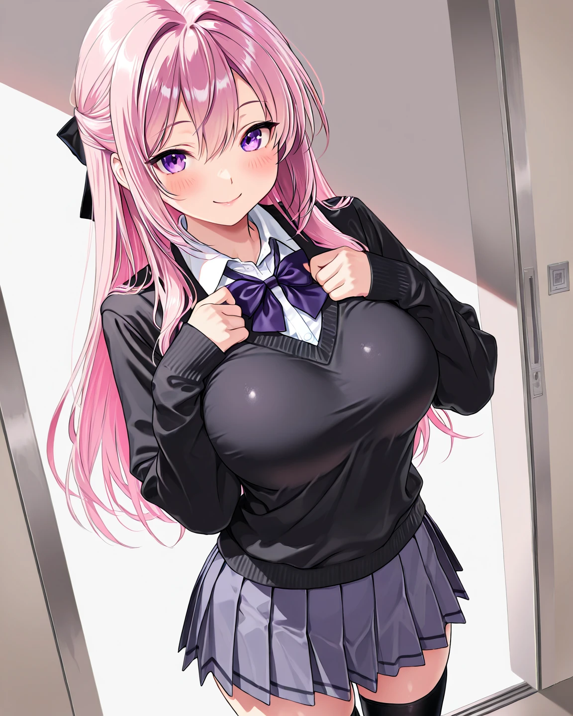 ((masterpiece、Highest quality、Super detailed)、((One person))、((Pink Hair))、((Twin tails))、((Light blue eyes))、evil smile、((Grin))、((lots of piercings))、((Very large breasts))、A bow tie、((pink sweater cardigan))、((Black miniskirt))、thighhighs、Cowboy Shot、Shoot from below、Classroom Background