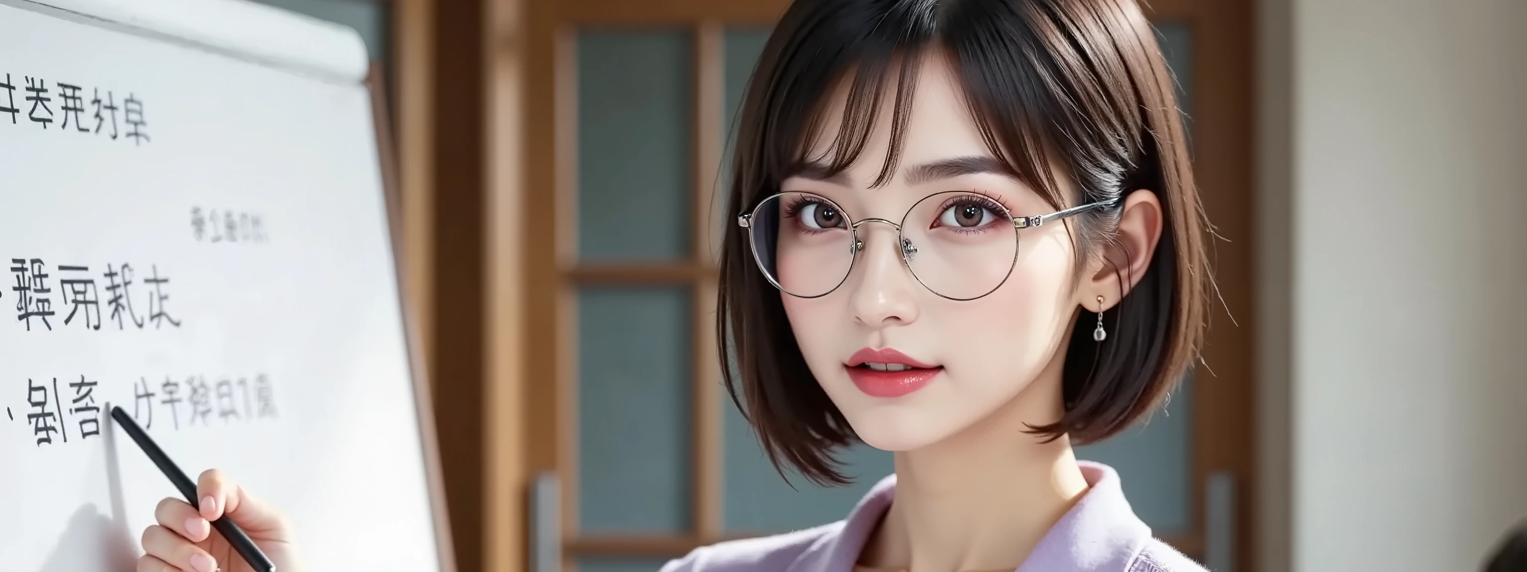 woman lecturing in front of a whiteboard holding a finger stick in her hand,I have a finger stick in my hand, 1 Japanese woman,short hair, ((glasses)),gentle smile