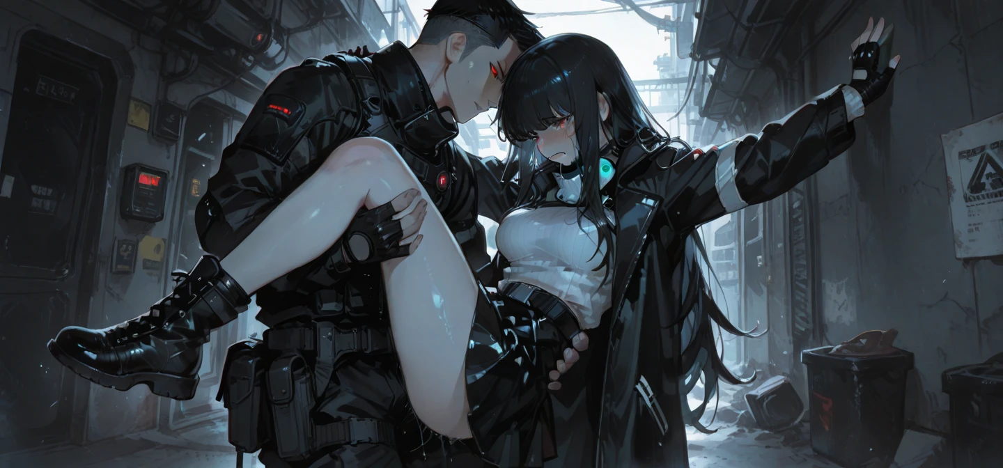 a naked handcuffed mato kuroi from black rock shooter hugging an emo guys, space, space ship, futuristic, bdsm, bodnage, sex,rape , forced, sexual intercourse, handcuffed, restrained,