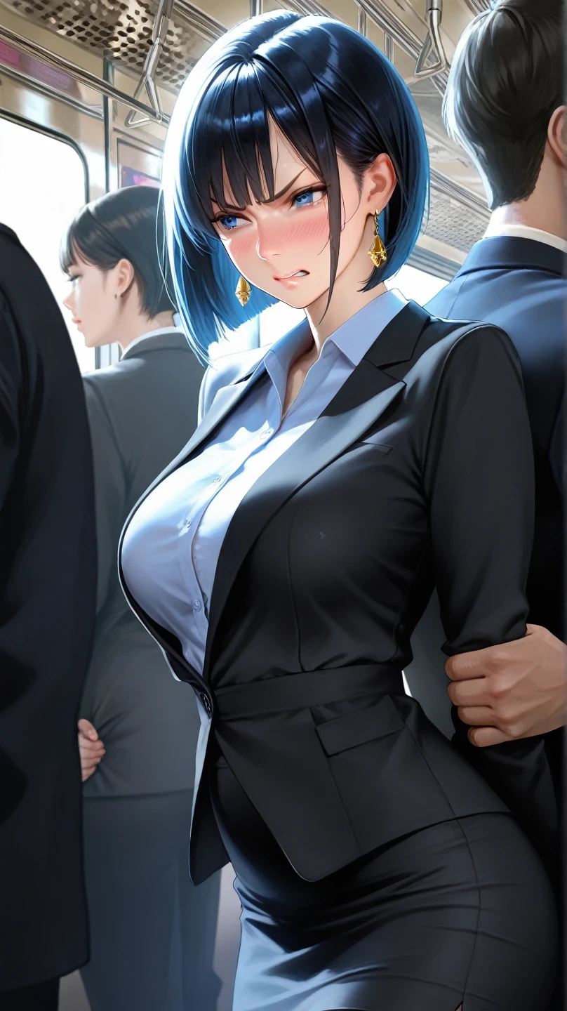 (masterpiece, best quality, ultra-detailed, high resolution, detailed eyes), takeda hiromitsu style, upper body, female focus, from front, {1mature female}, (40 years old), earrings, (makeup:1.0), wavy blue hair, long hair, forehead, curvy body, large breast, black business suit, pencil skirt, standing, embarrassed, scared, on train, (1male, faceless male, standing behind her, grope breasts), faceless crowd