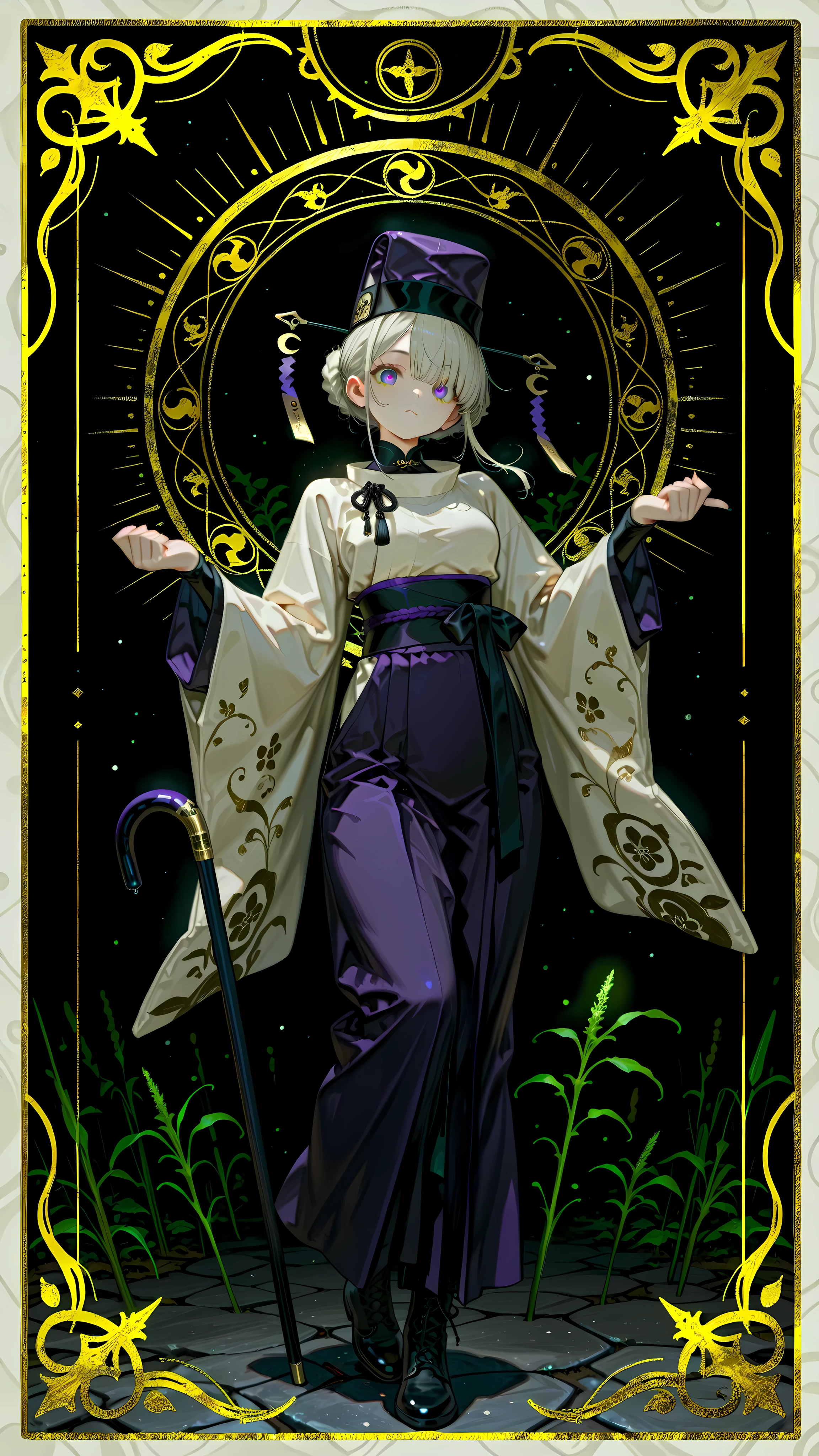 (Very creative),Eggplant monk girl features,Elongated Japanese face with round, clear eyes and(White AND Edo purple,multi-colored eyes),She is 147cm tall,(Delicate Body:0.85),BREAK Beautiful Skin,\((Eggplant color)AND(dark green stalk-like\)),latest eggplant-like stalk AND stem-style hairstyle),BREAK \((Cane)AND(Decoration)AND(Full Body)A monk outfit with cute eggplant elements\)),(Eggplant monk rod),(Philosopher's stone for recovery),Nasubi-shaped vertical monk hat,eggplant-shaped mid-boots,(Nasubi monk pose),(Eggplant village background:1.2),upper body angle to make flowers bloom,BREAK Miraculous Masterpiece,Highest quality,High Quality,ultra quality,Unity 8k