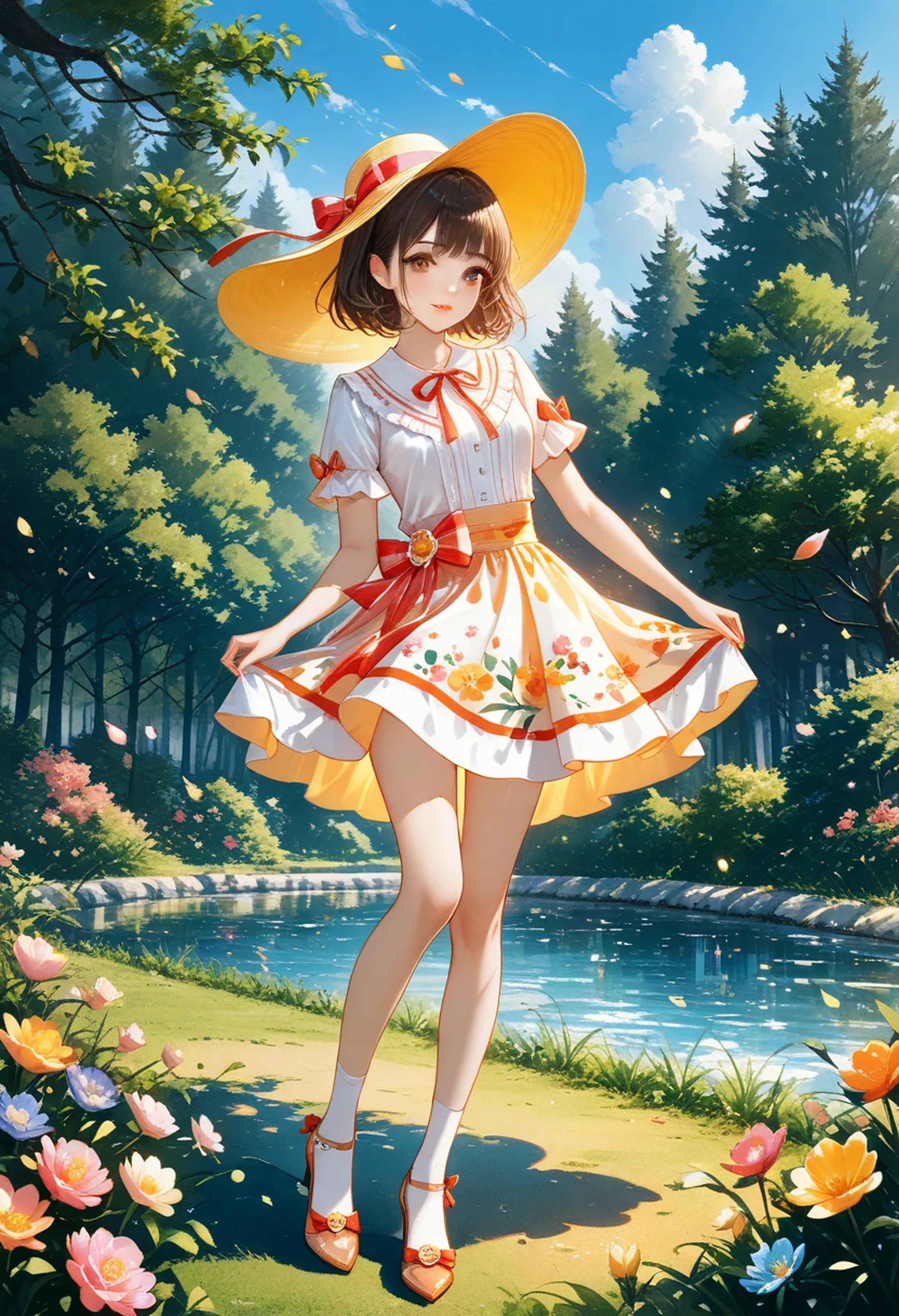 ink painting and watercolor fusion、Beautiful and cheerful girl、orange and white top and skirt style ruffles、 Stylish design 、 Realistic Art 、brown eyes in love、Koisuru Pink Lips、short hair,perfect face、 perfect style 、Suburban Forest Park、colorful flowers blooming、bright colors、Blue sky、 White Cloud 、HD image quality、Masterpiece、 8,000、Perfect Body、Perfect Illustration Art,Show your whole body,long legs