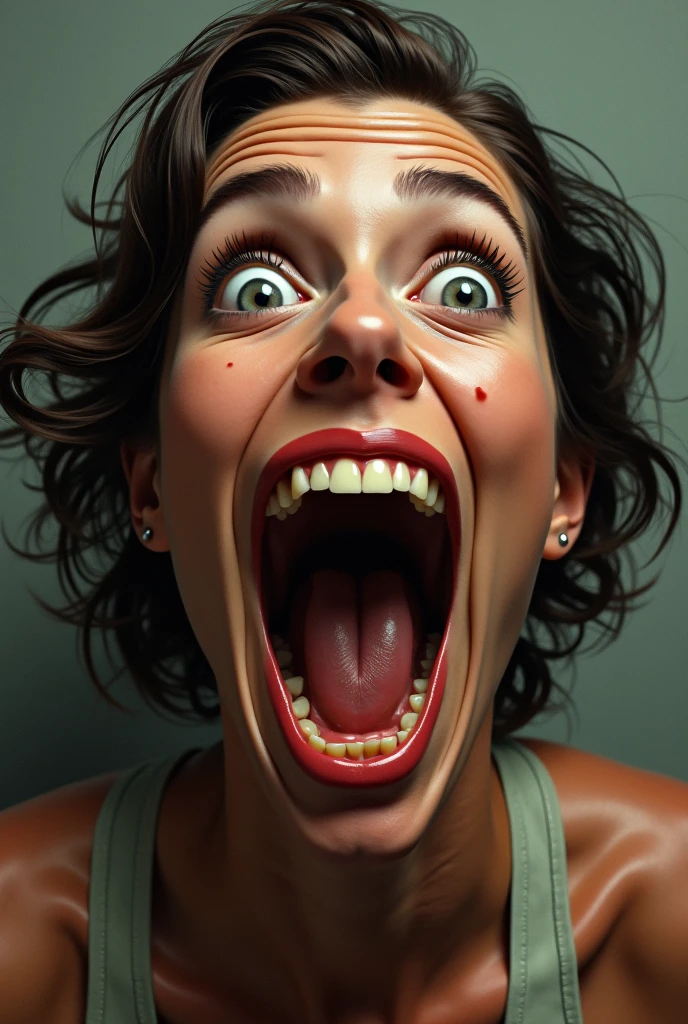 there are two women, open big mouth, red bra, screaming with fear, extremely scary, cursed images, insane smile, excited, she is smiling and excited, laughter and screaming face, scared face, horrifying fear, excited facial expression, cursed image, insane crazy laugh, very excited, mouth open in a terrifying roar, very terrifying