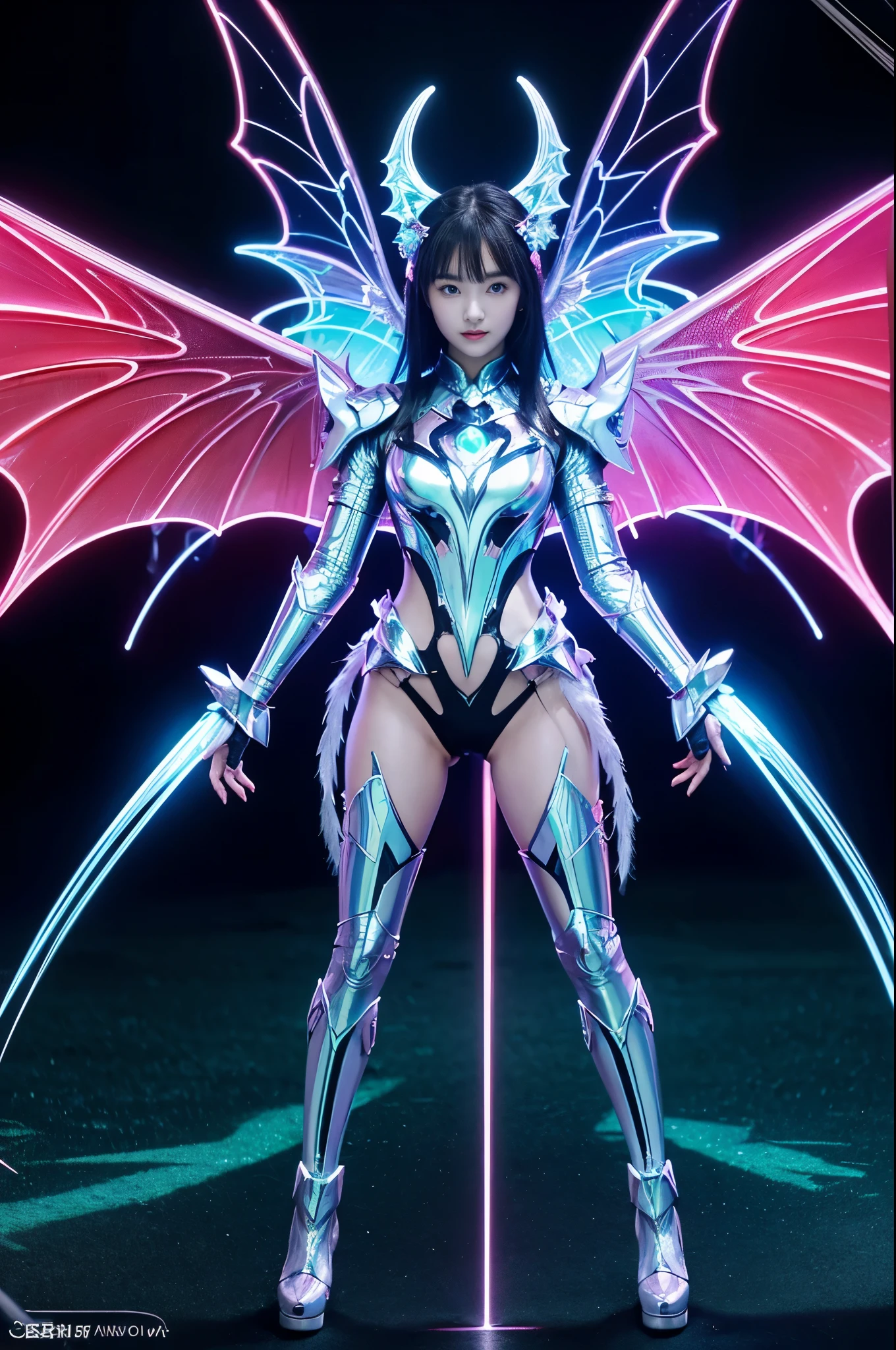 1girl, Armor, Wings, beautiful dragon, futuristic evolved Nekomata, (Neon glowing body), 2 tails, holographic, (The wings are symmetrically paired;1.5), Tricolor color body