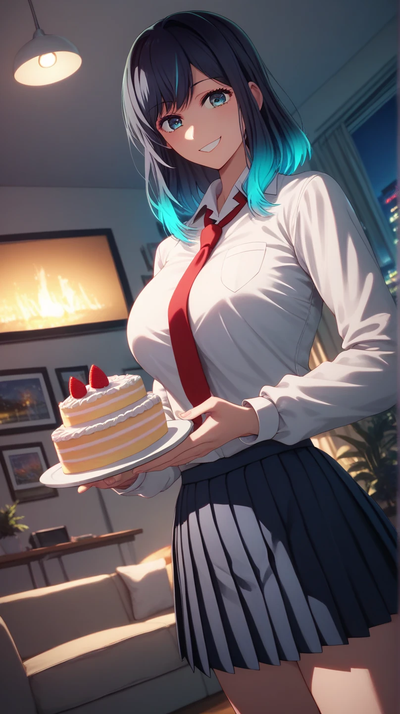 1 Female,High definition,high resolution,Ultra-realistic,8K, aaserena, yellow ponytail, ((multicolored hair)), red jacket, black shirt, belt, ((white skirt)), tight skirt, miniskirt,((miniskirt)), jewelry,European,sexy,Upper body close-up,Photographed from the front,Dynamic Angles,blush, medium tits , happy, wink the eye,facial, sweat,multicolored hair ,(holding a big birthday cake),(show cake),(happy birthday message),(from behind),(huge ass),(show ass),(black thong),(show thong),(skirt lift:1.5),(cute ass),(perfect ass),(white skirt)