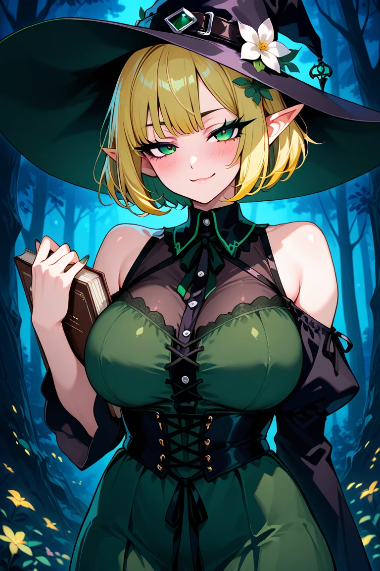 Create an image of Tsunade from the Naruto series dressed in a seductive witch cosplay. Her outfit should accentuate her alluring body and showcase her beauty. Tsunade has a distinctive facial structure with high cheekbones, sharp almond-shaped eyes, and full lips. Her golden hair is long and straight, cascading down her back and framing her striking face. She has a diamond-shaped mark on her forehead, which is a key feature of her appearance.
The witch costume includes a plunging neckline to highlight her ample cleavage, with intricate lace detailing around the edges for an elegant touch. She wears a form-fitting corset that cinches at her waist, emphasizing her hourglass figure and toned abs, paired with a short, tattered skirt that flares out to reveal her long, shapely legs. Thigh-high stockings with lace trim and stiletto boots complete the look.
A pointed witch's hat adorned with mystical symbols and a flowing ribbon sits atop her head. She holds a glowing wand in one hand and a spellbook in the other, both emitting an eerie, magical light. The background is a moonlit forest, with shadows dancing and an atmosphere thick with enchantment, highlighting her commanding and seductive presence. This image should capture Tsunade's fierce strength and undeniable allure.
