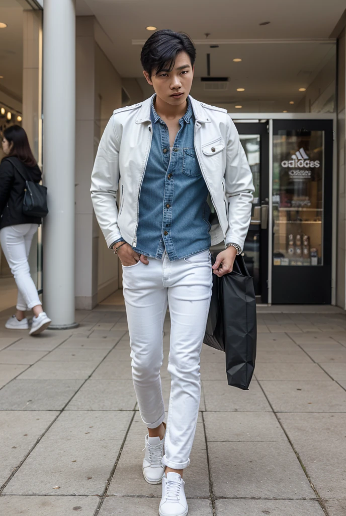 solo , 1man , thai man , white jacket , blue shirt with collar , black jeans , happy