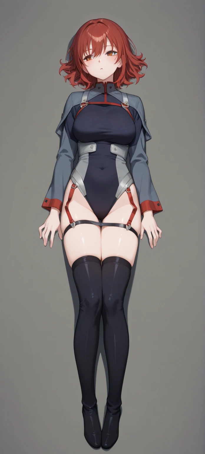 highest quality, (masterpiece:1.2), figure, disorganized,
(1 girl, alone), (beautiful detailed girl), full body shot, (turn around:1.4), multiple views, front figure, Side view, back figure,
Noel Seeker, red hair, blue eyes, big breasts,
green_hat, green_Jacket, gray_undershirt, red_tie, (red_shorts), black_Thighhighs, Brown_boots, Brown_gloves,