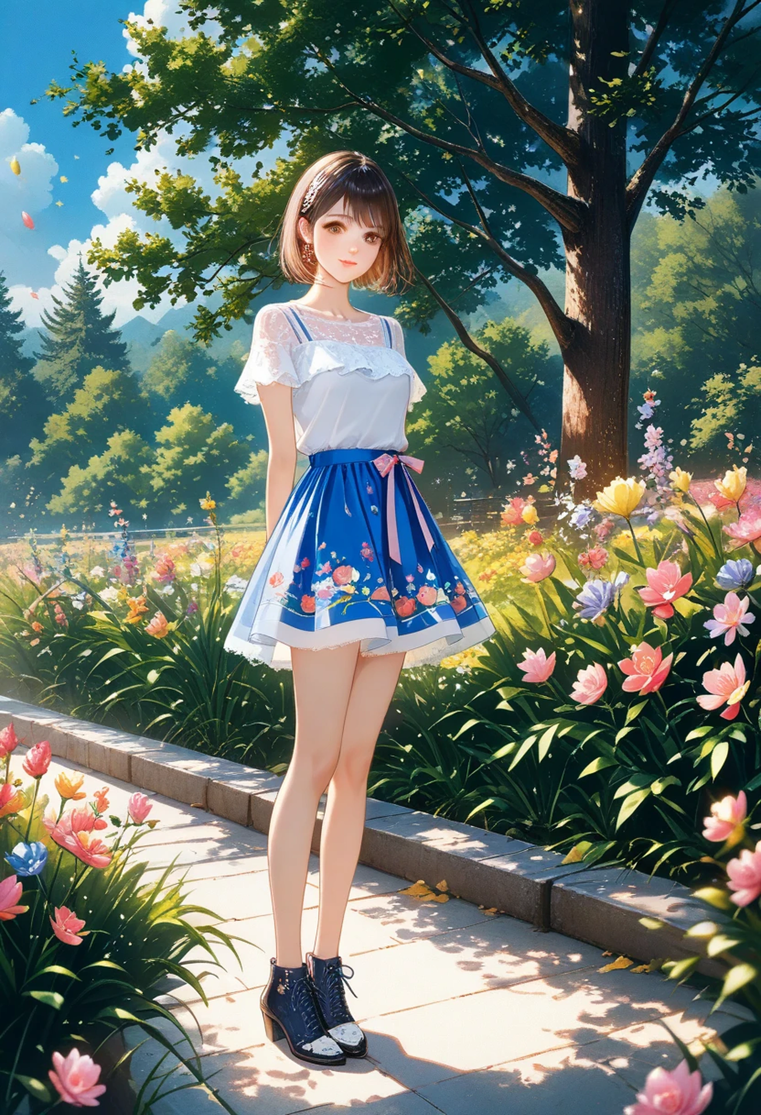 ink painting and watercolor fusion、Beautiful and cheerful girl、purple and white top and skirt style lace trim、 Stylish design 、 Realistic Art 、brown eyes in love、Koisuru Pink Lips、short hair,perfect face、 perfect style 、Suburban Forest Park、colorful flowers blooming、bright colors、Blue sky、 White Cloud 、HD image quality、Masterpiece、 8,000、Perfect Body、Perfect Illustration Art,Show your whole body,long legs,standing着,standing