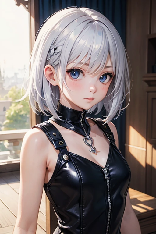 Best, Masterpiece, High Resolution, Best Quality, Ultra HD, Super Detail, Award-Limited, 16k, (Upper Body), Anatomically Correct, Beautiful Shota, Gray Hair, Hair Strands, ((Heterochromia)), Hanging Eye Corners, Fair Skin, (Shota), (Slim Body), ((Sportswear with Coat)), Stud Earrings, (Neck Rings), (Very, Very Short Short Glove)