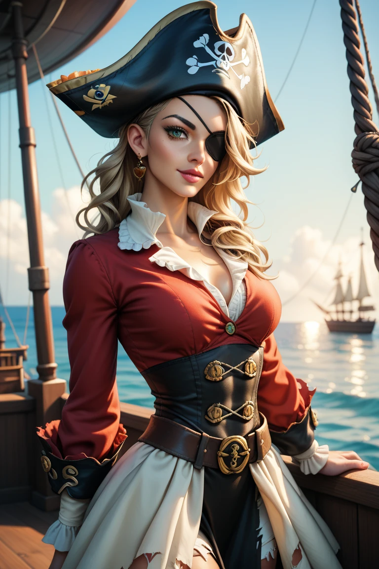 smoking girl, pirate girl, she smokes a cigar, she's old, silver hair, large breast, normal hips, red eye, she's wearing a hat, she's wearing a long jacket, she's wearing a corset, she's wearing pants, she has a gun, she shots with her gun, she's in movement, ambient smoke, more smoke, she's on a boat