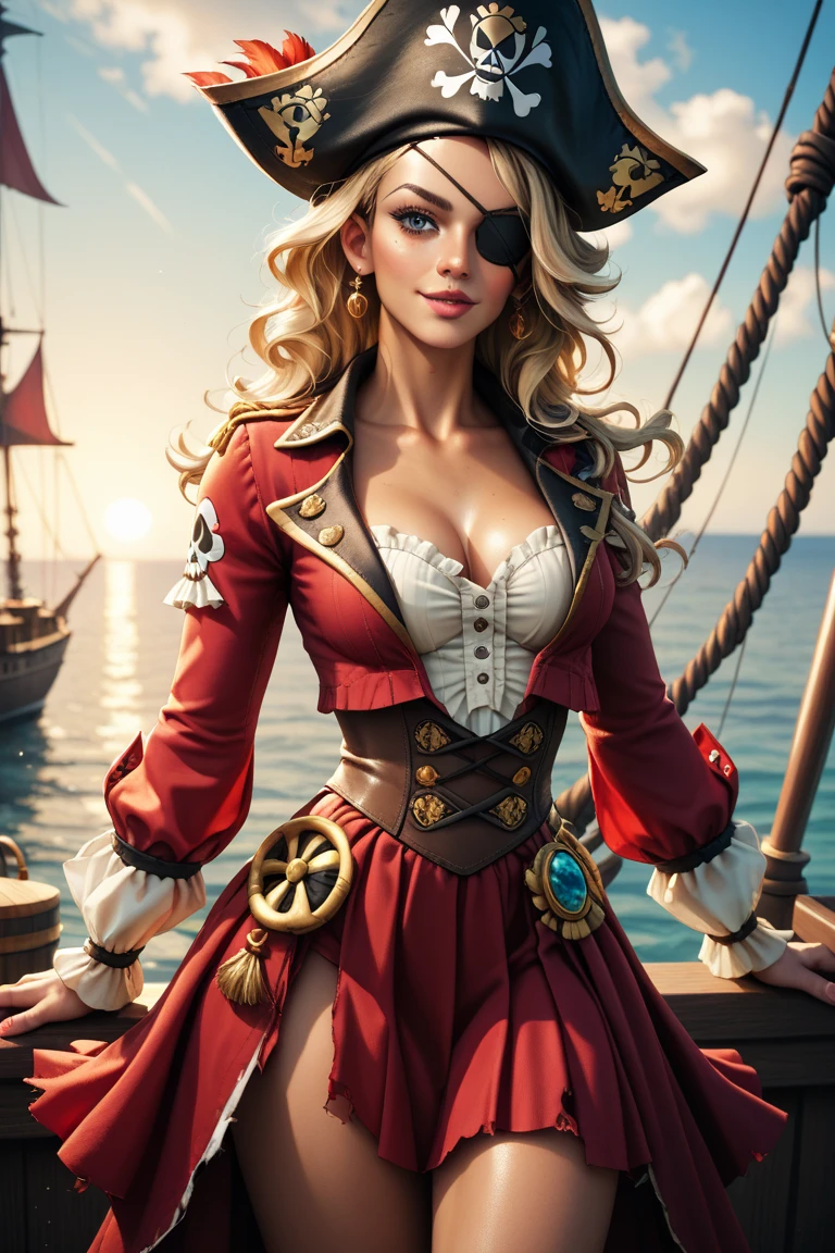 8K、Captain in red pirate costume、Super beauty(Like the real thing)red and black big chest pirate costume、Realistic costume texture、Eye patch over one eye(A black)enchanted、Lifelike skin,looking at viewert,blue eyess,Blonde wavy hair,ultra-sexy,Beautiful Landscapes,Super High Resolution,reallistic,super detailing,ultra -detail,On the deck of a pirate ship,a smile,