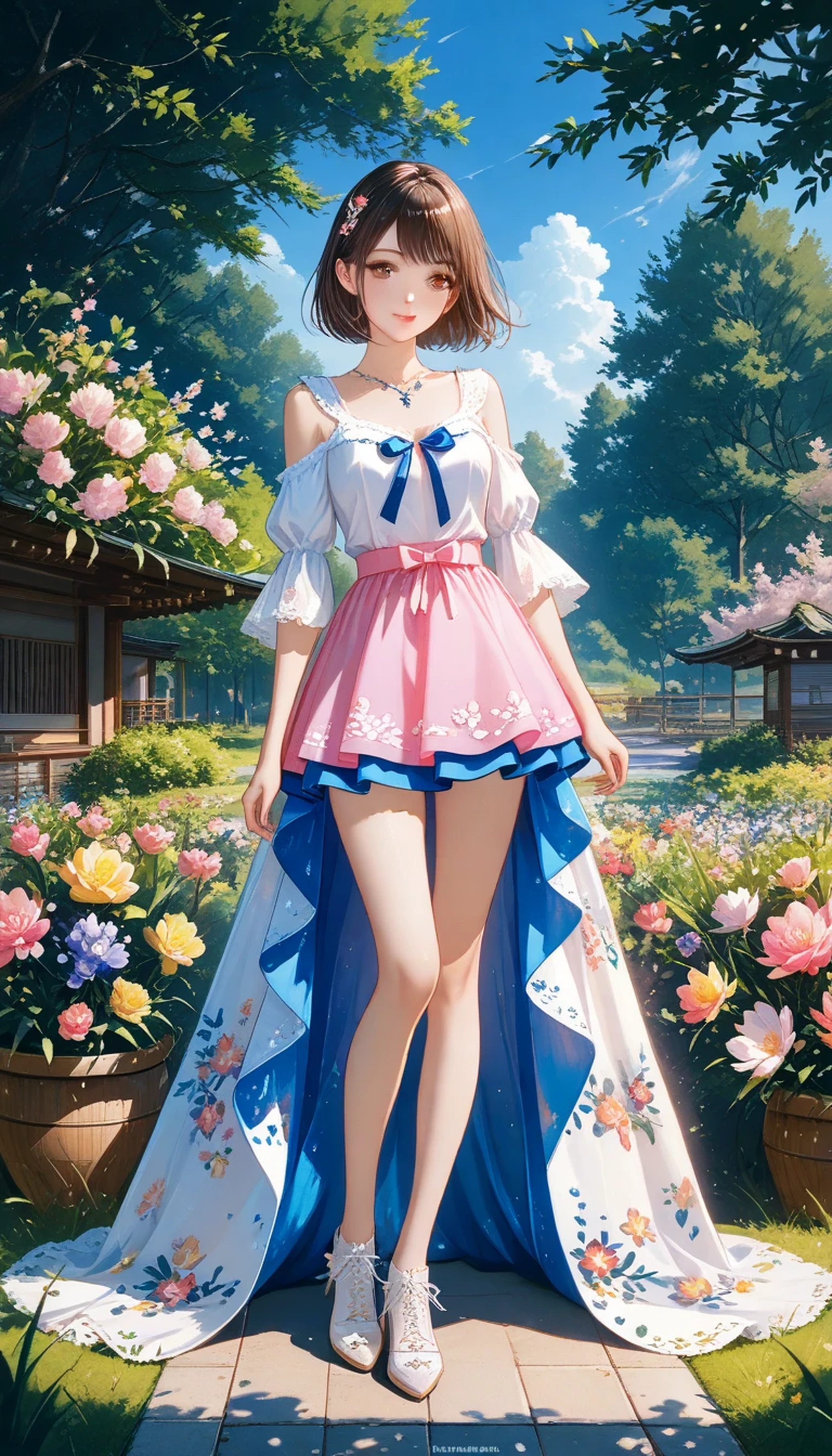ink painting and watercolor fusion、Beautiful and cheerful girl、purple and white top and skirt style lace trim、 Stylish design 、 Realistic Art 、brown eyes in love、Koisuru Pink Lips、short hair,perfect face、 perfect style 、Suburban Forest Park、colorful flowers blooming、bright colors、Blue sky、 White Cloud 、HD image quality、Masterpiece、 8,000、Perfect Body、Perfect Illustration Art,Show your whole body,long legs,standing着,standing