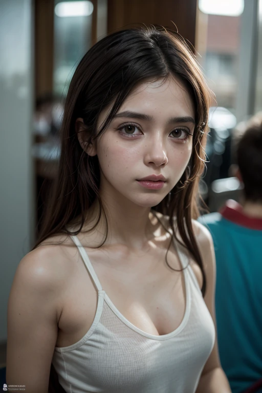 solo, stand in the kitchen, a girl, white shirt, milk falls on the chest area of the shirt, (delicate illustration:1.4), (renaissance art:1.4), (masterpiece:1.0), (best quality:1.4), (ultra highres:1.2), (photorealistic:1.4), (8k, RAW photo:1.2), (soft focus:1.4), (18yo:1.3), (sharp focus:1.4), detailed beautiful face