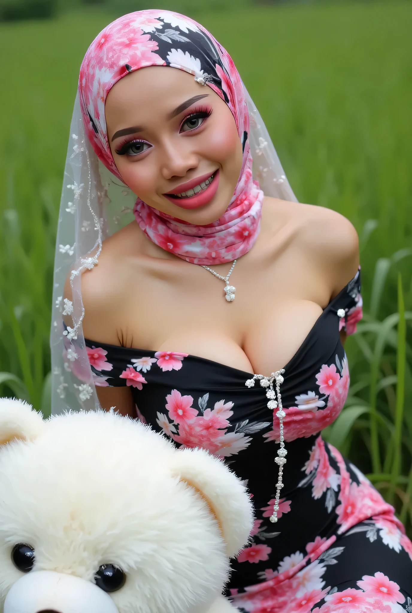 Visible female panties, front posing, ("Facial expression in Happy big Orgasm"), Both hands lying behind their backs, Wearing flora print hijab, (photorealistic:1.6) ((Indonesian hijab)), background rice paddy. daytime atmosphere, (((please don't showing any finger!!!))), (BARING DIATAS HUGE TEDDY BEAR)), hands behind back, Look from the front you are stupid!, wearing Fully bright black flora print unbuttoned plain tight strapless dress. (blink pink eyeshadow & pink eyeliner) PLEASE DON'T PUT ANYTHING ROPE AT MY CLOTHES!!!. BOTH HANDS LYING BEHIND YOUR BACK , SILFOE PHOTO. BIMBO LIPS