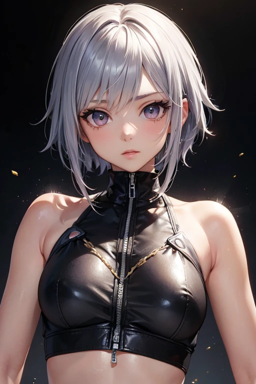 a beautiful anime-style girl with short gray/Gray Hair, Open your mouth, Red eyes, Very detailed顔と特徴, Very detailed chest, Multiple accessories, Multiple Angles, 高品質のCharacter Design, (Highest quality,4K,8k,High resolution,masterpiece:1.2),Very detailed,(Realistic,photoRealistic,photo-Realistic:1.37),Cinema Lighting,Vibrant colors,dramatic composition Red eyes, Side Up, Character Design画, 設定figure, 設定figure, Portraits, Character Design, anime, anime風, figure,