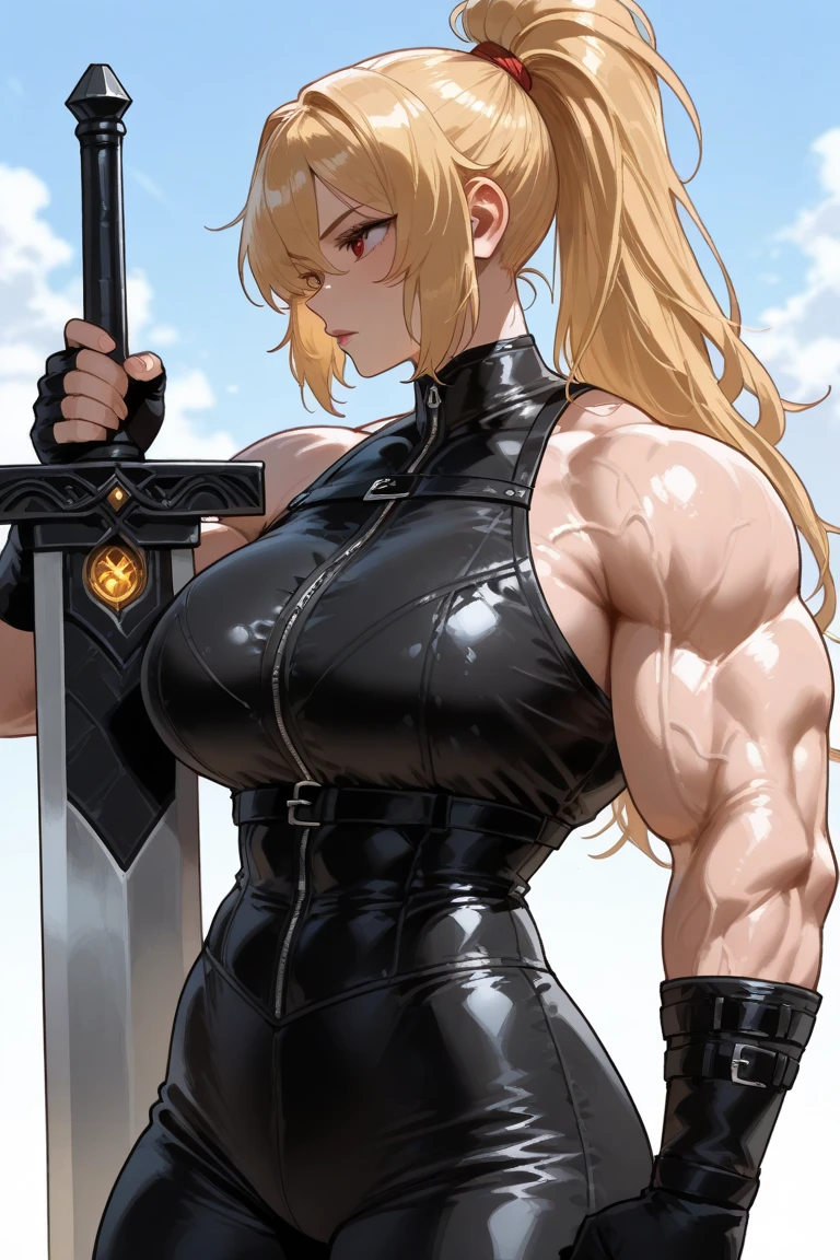 uma garota muito musculosa com cabelo loiro curto, moleca, adolescente musculosa, olhos azuis, maquiagem pesada, armadura de ferro, melhorar, pose sensual