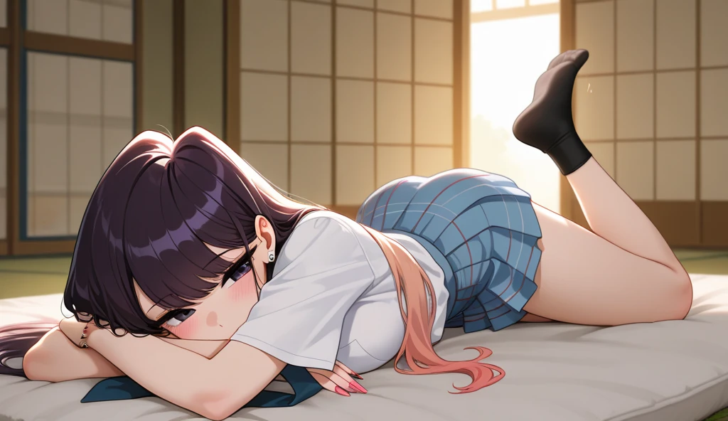 masterpiece, best quality, utaha kasumigaoka, black hair, hairband, long hair, (red eyes:1.5), long sleeves, school uniform, skirt, pantyhose, medium breasts, red bow, classroom, looking at viewer, table, (light smile:0.5), crossed legs, (head tilt), half-closed eyes