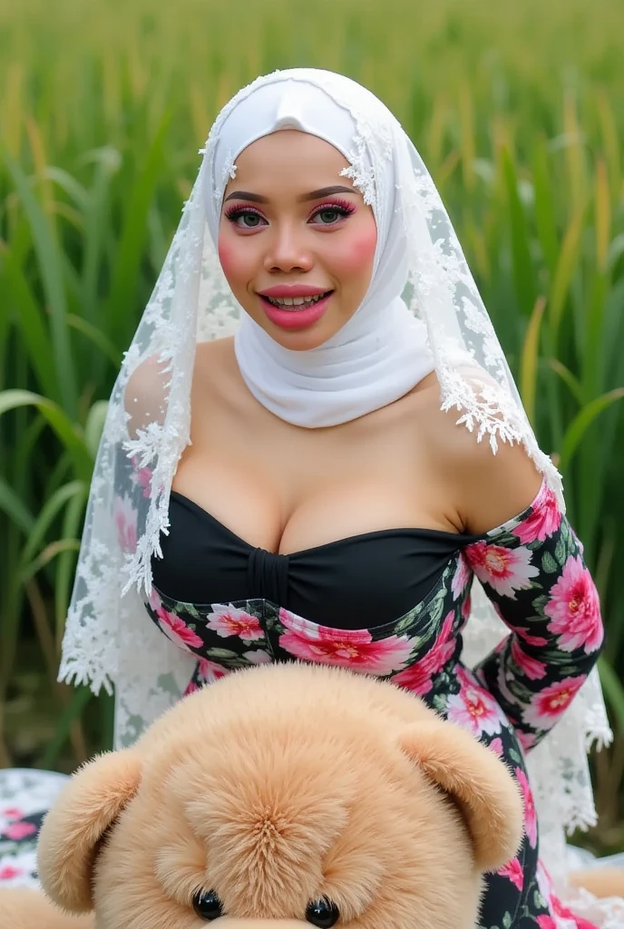 (A magical unicorn Alpaca grazes in a field full of flowers), (a brave young (20) Malaysian woman (huge natural breasts, big full butt, hourglass figure, average face, hijab no hair showing, extremely sheer translucent billowing outfit)