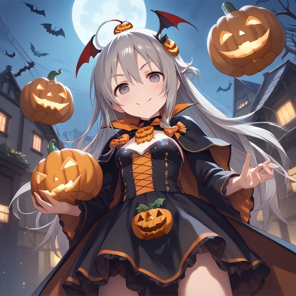1 idol,solo,(Halloween:1.2),Bell Sleeves,navel,witch hat with Ribbon,ultra-detailed face,detailed eyes,Smug mouth with fang,red eyes,long hair,straight hair,silver hair,((highlights hair, smoky rainbow streaked hair)),blush,(Detailed fingering),claw pose,Looking at viewer,Cowboy Shot,night sky,Witch's house,1 crescent moon,Five bats flying,Cinematic Lighting,From above,outdoors Halloween festival,highly detailed illustration,masterpiece,8K,top quality
