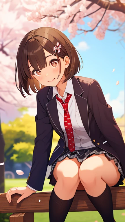 Makaijisuku 2, 1 girl, alone, Brown Hair, Brown eyes, , blazer, tie, Checked skirt, blush, Open your mouth, smile, garden, blue sky, cloud, Upper Body, Are standing, Cowboy Shot, Skirt Lift ,((panties)), From behind, Butt