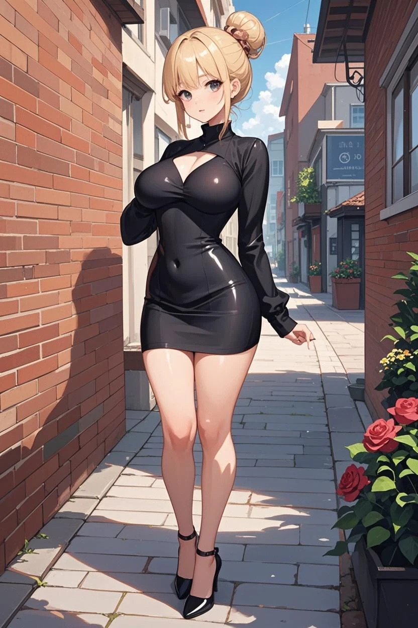 (highly detailed:1.4), best quality, masterpiece
girl, a stunning American bimbo girl, 18 yo., short messy blonde hair, tall slender body, tight revealing short pelvic curtain dress, posing for photo, outdoor dynamic scene, ((longtorso, ltso):1.2), (longneck:1.3), tall, ((((Huge breasts))))