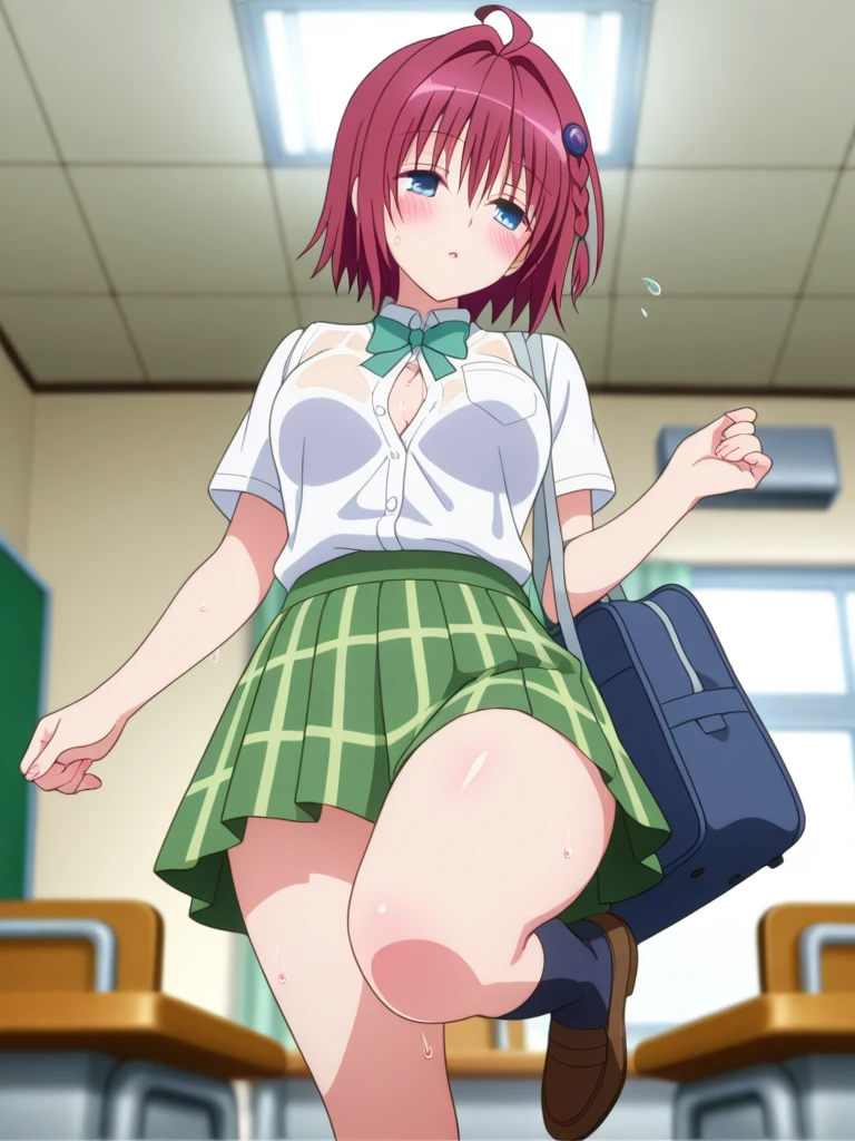 (2 girls) ,(old high quality) ,(Yukinoshita Yukino ,blue eyes), (Yuigahama Yui , brown eyes,big breasts),classroom , troubled face,(low position),(Seen from below),school uniform,(check skirt),,(lift up the skirt),thighs,knee,(white panties),(pink panties),
