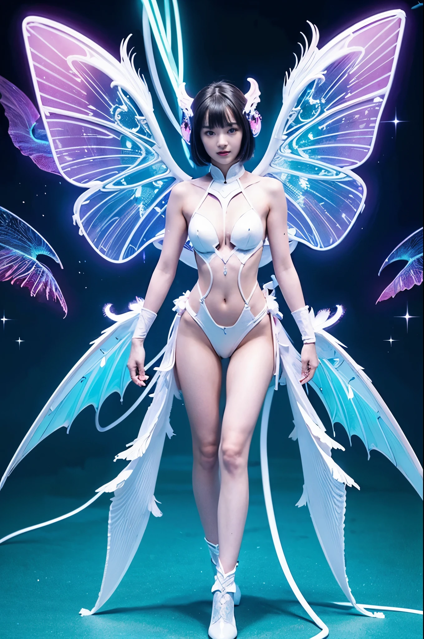 1girl, armor, Wings, beautiful dragon, futuristic evolved Nekomata,/(neon glowing body),2 tails, holographic, (The wings are symmetrically paired;1.5),