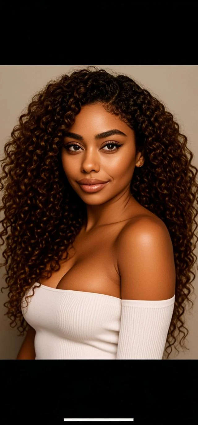Brown skin caribbean woman with wavy hair beautiful face