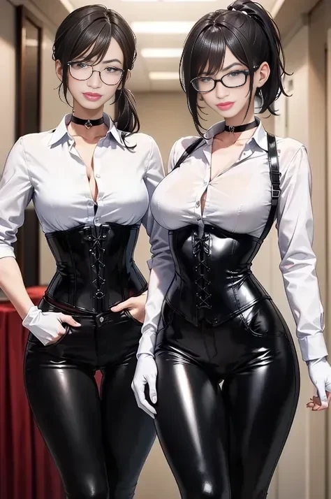 thick outlines, (vibrant shadows), deep shadows, detailed eyes, full height, (high quality), high detailed background, (realistic shadows), HD shadows, masterpiece, high detailed face, high detailed finger, older girl, ((megane)), (((dark blue hair))), ((ahoge)), (yellow eyes), ((disheveled hair)), ((short hair)), (((skinny body))), (slim waist), ((narrow hips)), skinny legs, (slender legs), medium breast, 2 girl, ((identical twins)), (twins), ((yuri)), (realistic style), curvy, busines suit, naked jacket, thight pants, thight jacket, (detailed), two tomboys, cityscape, (kissing:1.2)