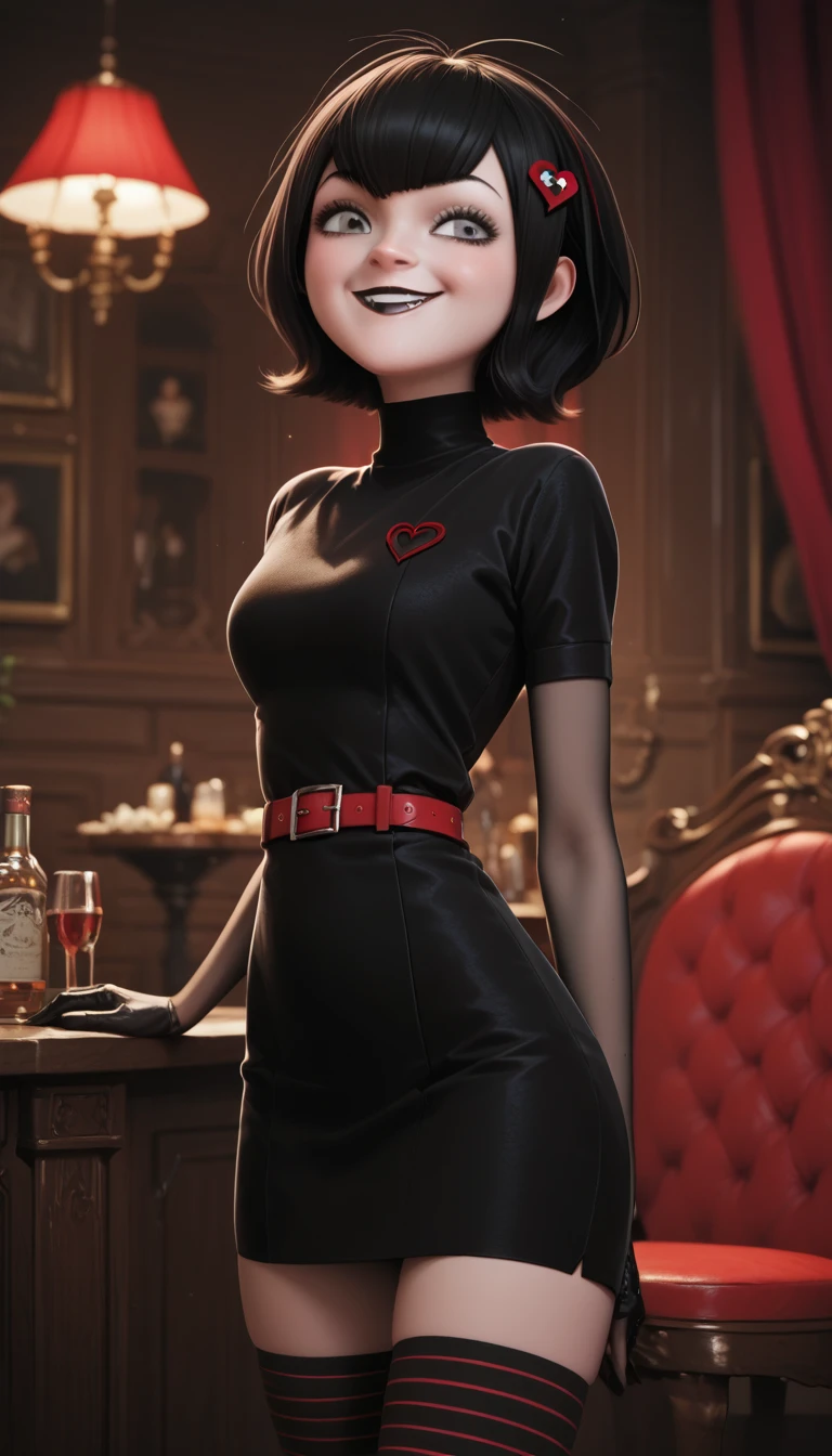 mavis dracula vampire cute girl, blue eyes ,short hair whit bangs, style bob, makeup gothic red lipstick, full body portrait drees black, black dress with sleeves, fitted to the body, thigh-high stockings with red stripes and red vans tennis shoes, Cinematic fantasy landscape, 3D, stunning environment,