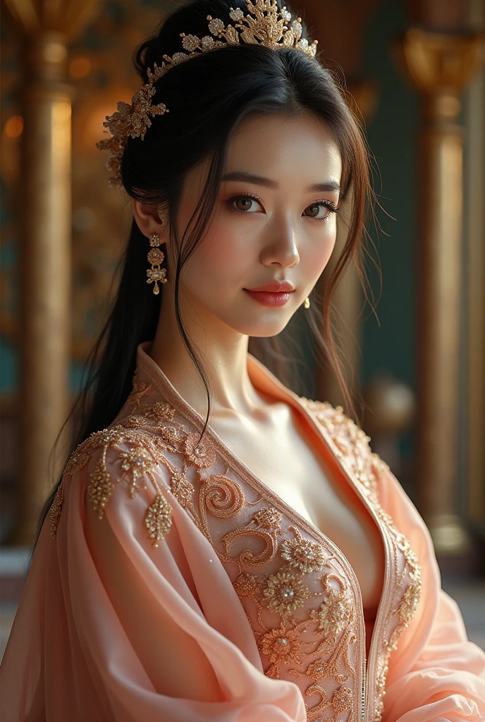 Feng Shen List，tmasterpiece，ultra fine photos，，best qualtiy，超高分辨率，Photoreality，Chiaroscuro，（full-body portraits），stunningly beautiful，dynamicposes，delicated face，Bigchest，Murderous eyes，（seen from the side），She wears gold ancient Chinese armor，very highly detailed background，detailed face with，Detailed and complex busy background，untidy，opulent，milkyW，Highly detailed skin，Realistic details of skin，Visible Pore，tack sharp focus，volume fog，8k uhd，digital SLR camera，high qulity，filmgrain，White skin of the，photo-realism，lomography，The palace of the Yin Shang King in ancient China , look from down, semi transparent, large breasts, showing cleavage, full body shot camera angle, lotus tattoo on forehead, perfect body: 1.4, Slim abdomen: 1.2, sitting on chair with legs up,