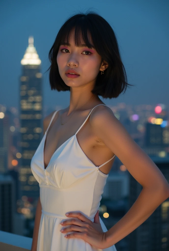 1girl, (uniform), standing, outdoors, night view, detailed Metropolitan city at the background, (above head shot: 1.4), detailed face, detailed eyes, brunette, big breasts, smooth realistic skin, semi-curvy body, cream color tanktop, thin hot pants, looking at the audience, (8k, RAW photo, best quality, masterpiece: 1.2), (realistic, realistic: 1.37), ultra-high resolution