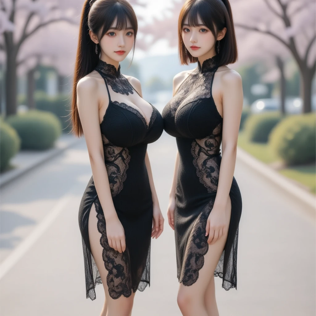 Two women in black see-through dresses take photos in the garden, beautiful gemini twins portrait,Colossal tits,爆乳,sakimichan hdri, beautiful gemini twins, ,Black see-through silk dress, Cute elegant pose,Wearing a black see-through cheongsam,Cheongsam with slit,Silk cheongsam,In black see-through cheongsam